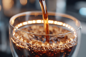 Coffee being poured into a clear glass cup with soft lighting in a cozy setting, a Food & Drink Photo by AlyaAnd