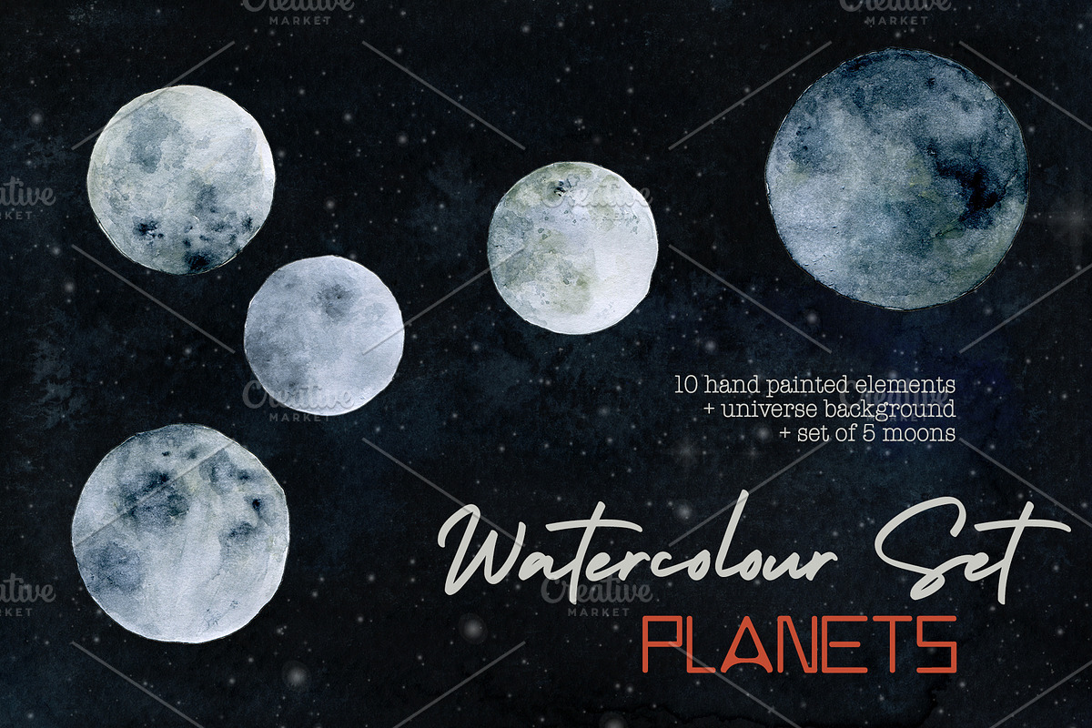 Planets and Moons Watercolor Set, an Illustration by paperlions (Photo 3 of 3)