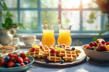 Homemade waffles with berries on wooden table. Generative AI, a Photo by AlyaAnd