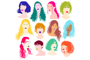 Colorful Flat Female Hairstyles set