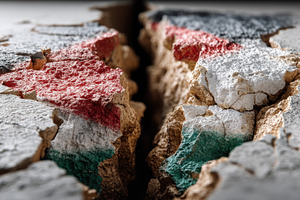 Cracked earth symbolizing geopolitical conflict with Palestinian flag colors sp, a Background Photo by José Manuel Gelpi
