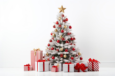 Decorated christmas fir tree with gift boxes on white background, a Holiday Photo by AlyaAnd