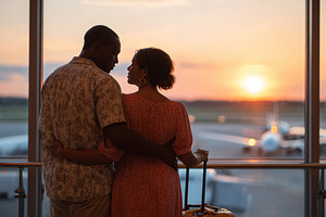 Couple enjoys sunset view at airport while holding hands with luggage nearby, a Photo by AlyaAnd