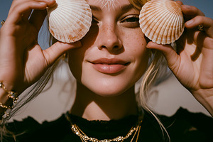 Woman Holding Seashells Over Eyes, a Person Photo by Ocean Digital Art