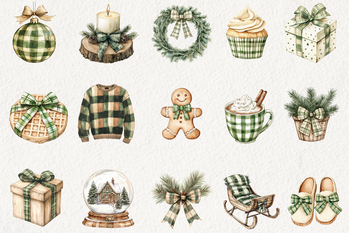 Plaid Green Christmas Clipart, an Illustration by NadiaTheronArt (Photo 2 of 5)