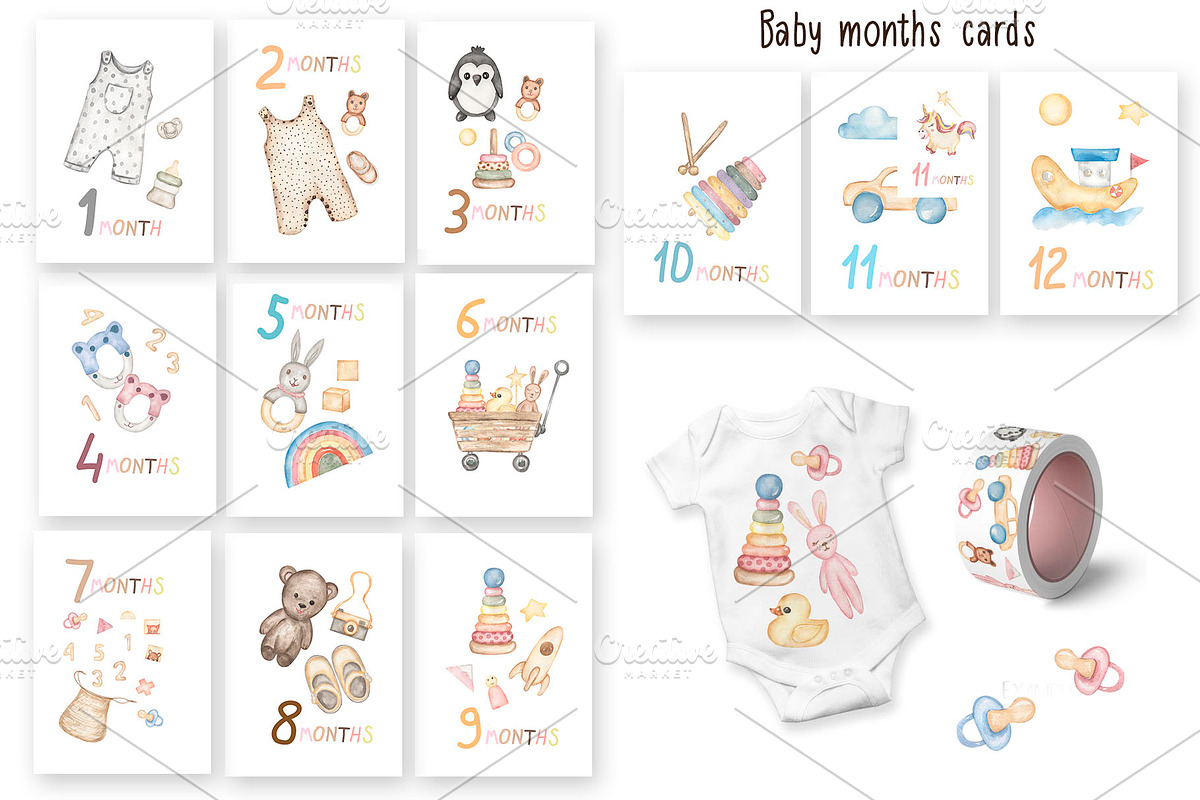 Watercolor Kids Toys & Clothes, an Object Illustration by MayaNavits (Photo 8 of 17)