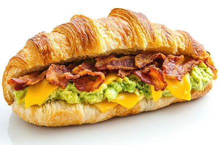 Croissant sandwich with meat, cheese and vegetables on white background, a Food & Drink Photo by AlyaAnd