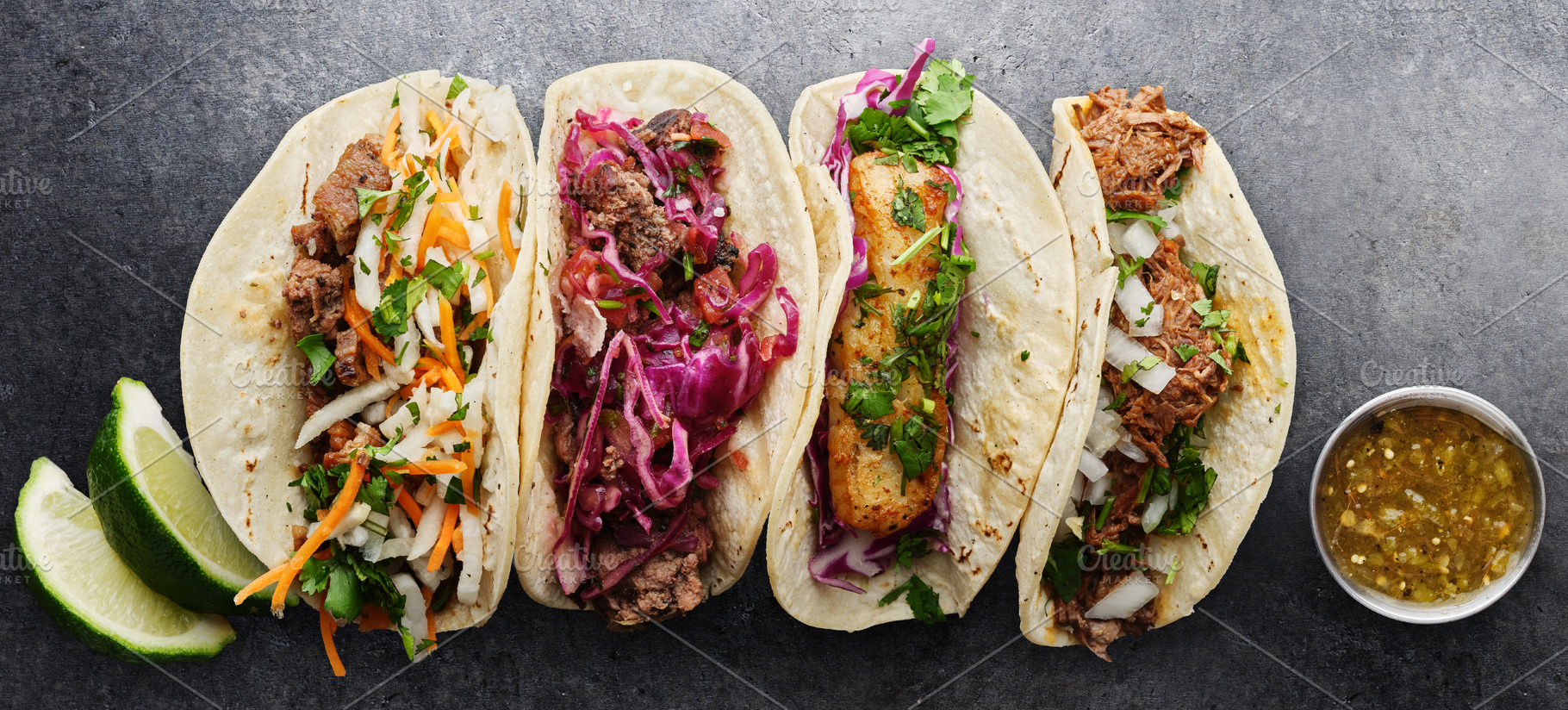 four mexican street tacos, a Food & Drink Photo by RezArt