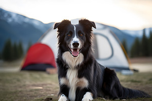 Portrait of Australian Shepherd dog in front of camping tent in mountain forest, an Animal Photo by Lenor4ik