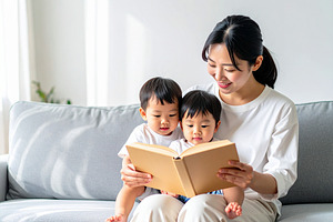 Mother reading a picture book to two young children on a cozy so, a Person Photo by DanFLCreativo