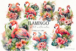 Watercolor Tropical Flamingos