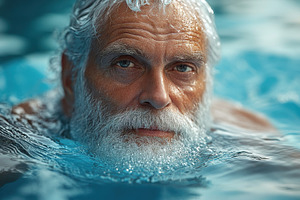 Elderly man swimming with tranquil e, a Photo by Tanuart