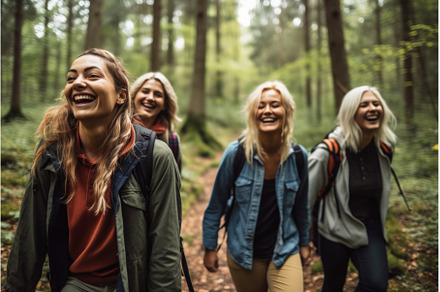 smiling friends hiking through a, a Sports & Recreation Photo by Sergey Kotenev