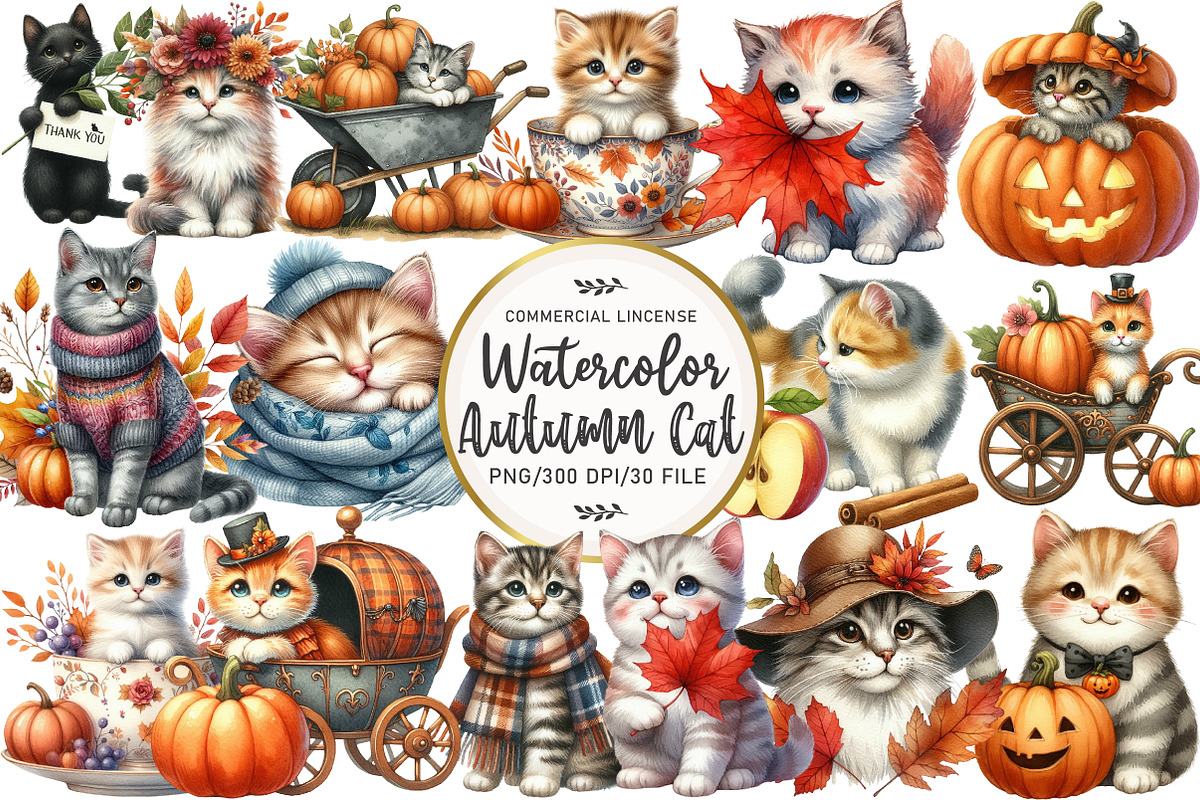 Watercolor Autumn Cat Clipart, an Illustration by OK Design (Photo 1 of 5)