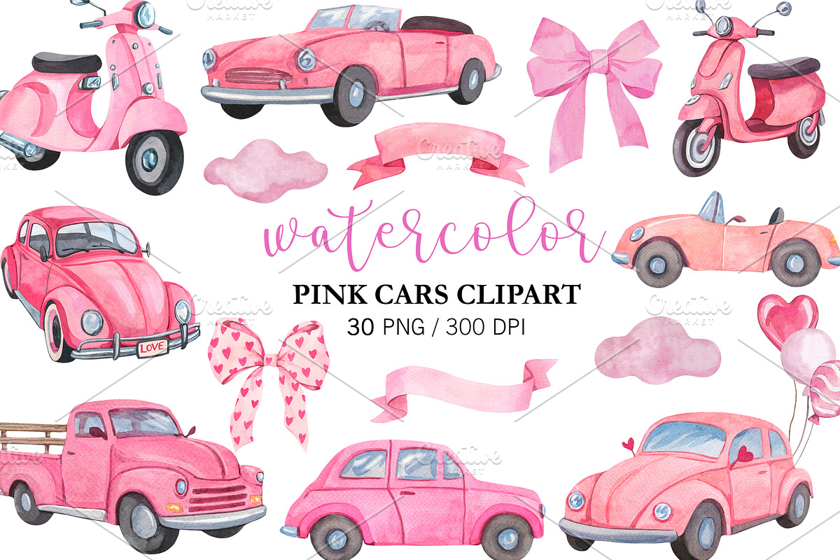 Watercolor Pink Cars Clipart PNG, a Transportation Illustration by PatternPalette (Photo 1 of 2)