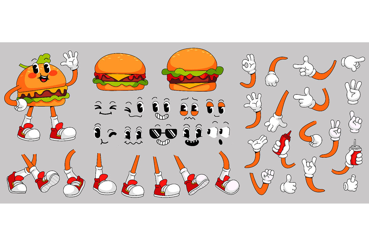 Cartoon retro hamburger character, a Food Illustration by Ksania