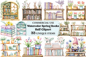 Watercolor Spring Bookshelf Clipart, an Illustration by Craft Nest