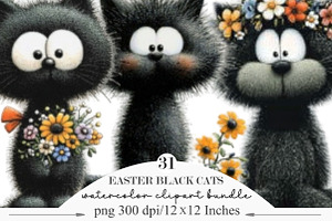 Whimsical Easter Black Cats Clipart, an Illustration by Designking
