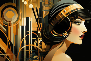 A Stylized Art Deco Portrait Of A Woman With Vintage Fashion, Featuring Bold Ge