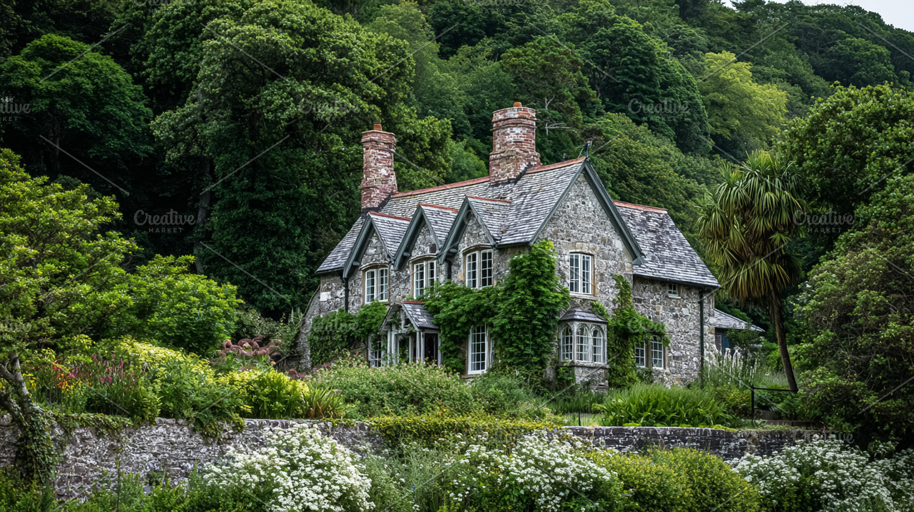 Traditional English stone cottage set in a lush green garden by, a Photo by Studio ANNA