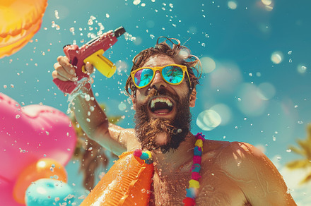 Under a bright blue sky, a man with, a Photo by Tanuart