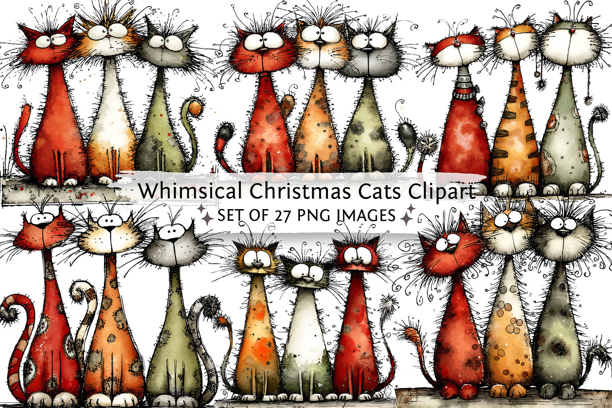 Whimsical Christmas Cats Clipart, a Texture Illustration by DreamPrint404 (Photo 1 of 6)