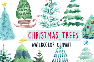 Watercolor Christmas Trees - Clipart