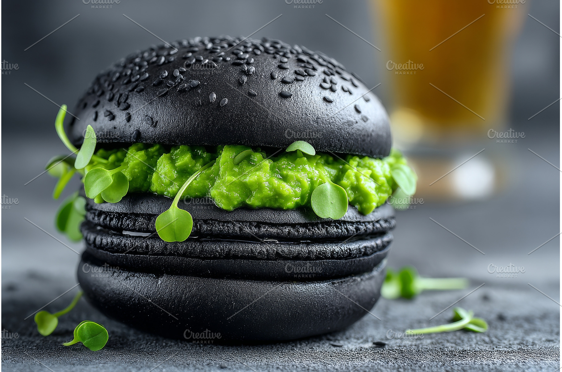 A vegan burger that is green and, a Food & Drink Photo by ZinetroN