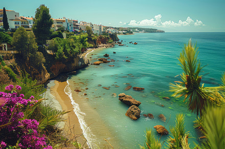 Breathtaking View of a Sunny Coastal Town with Sandy Beach, Mediterranean Sea,, a Photo by AS photostudio
