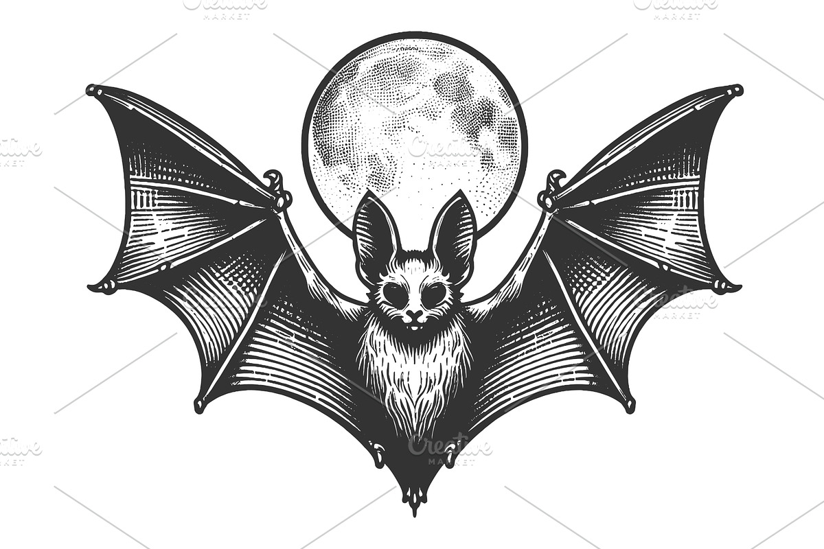 Bat flying in front of full moon, an Animal Illustration by AlexArt