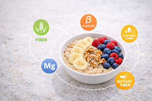 Bowl of oatmeal with fruits and nutr, a Photo by Dvoevnore photos