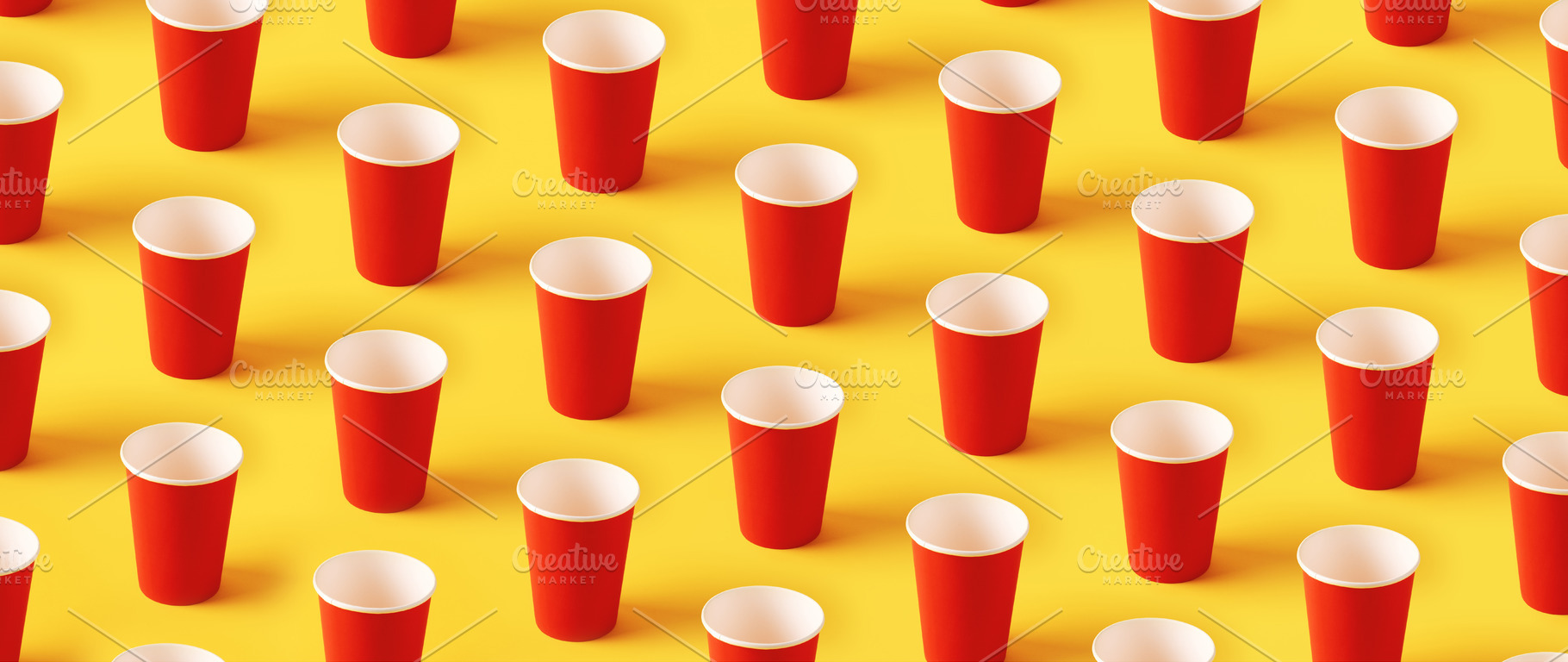 Seamless pattern of upright red cups on a vibrant yellow backgro, a Food & Drink Photo by Ales Munt