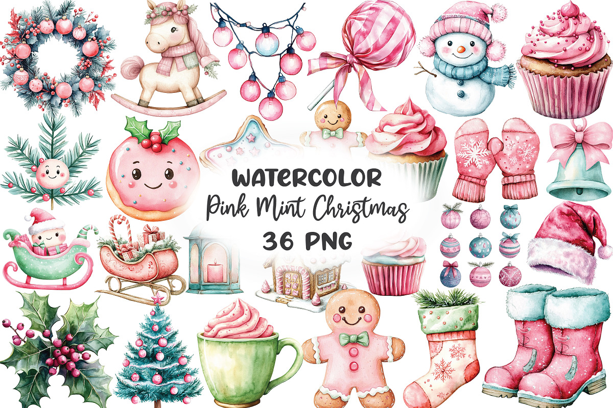 Kawaii Pink Mint Christmas Clipart, a Work Illustration by CraftArtStudio (Photo 1 of 6)