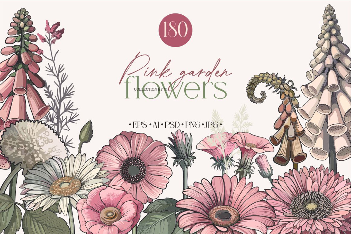Pink garden flowers, a Decorative Illustration by Collection by VY (Photo 1 of 10)