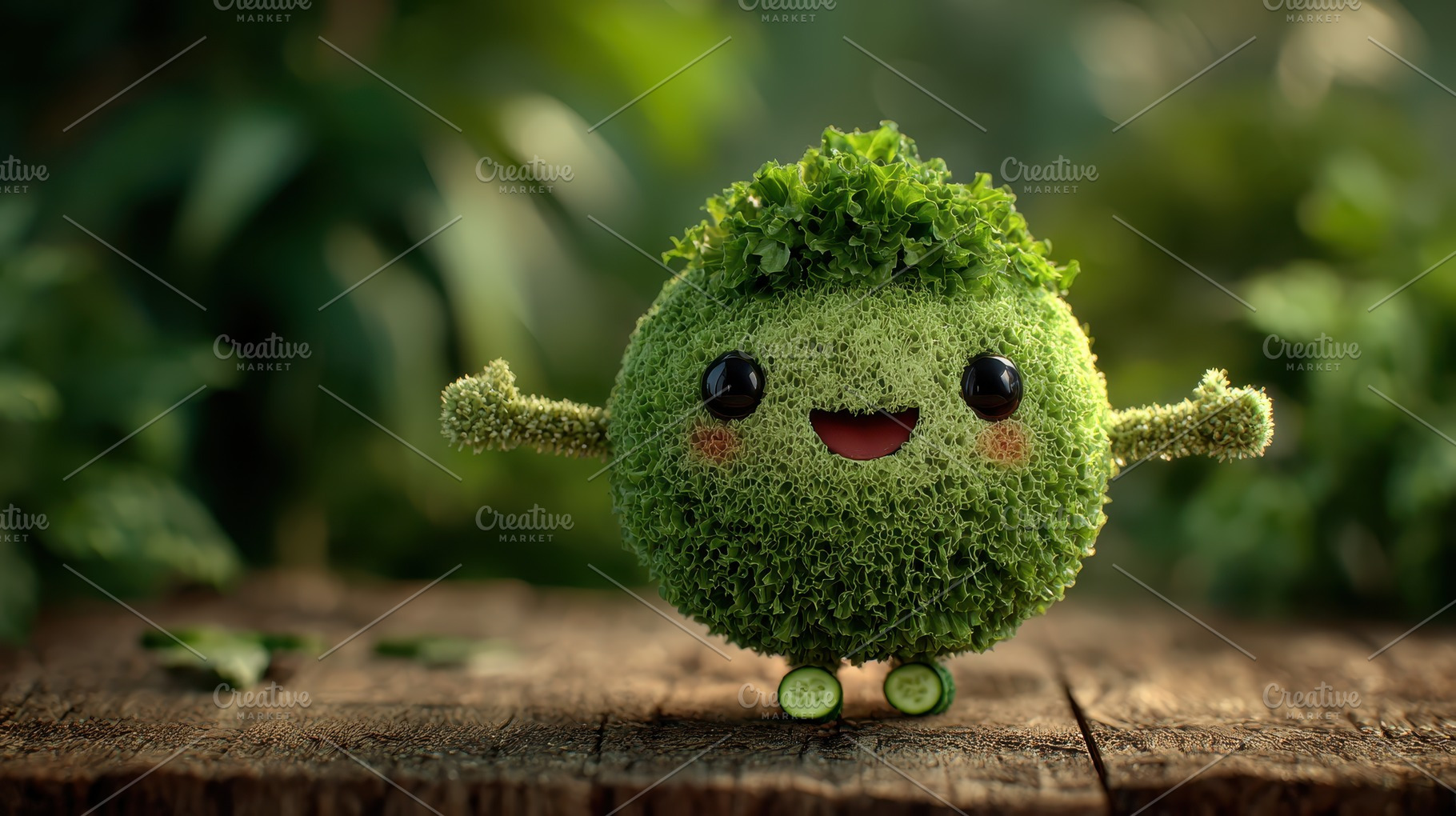 Happy green lettuce character on woo, a Photo by Pixeness Studio