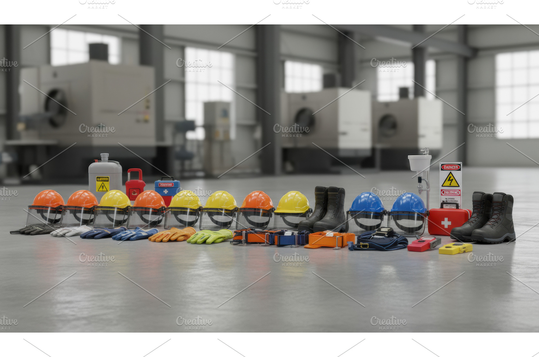 Assortment of safety gear including, an Industrial Photo by Igor Tichonow