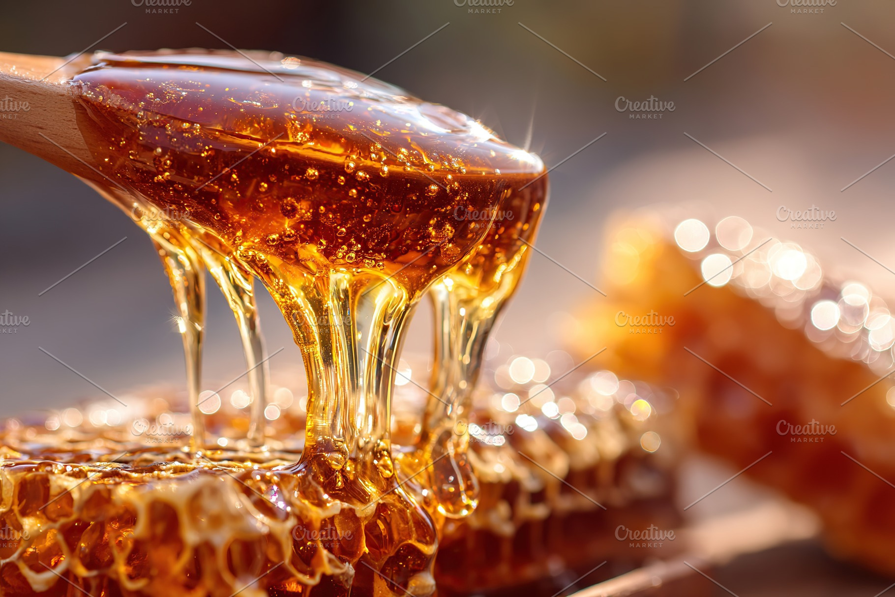 Viscous amber honey drips gracefully from a wooden spoon illuminated by soft su, a Photo by AlyaAnd
