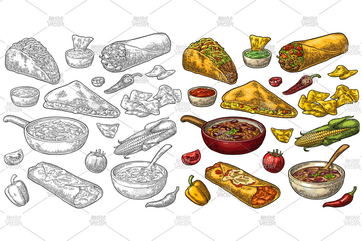 Mexican food set engrave, a Food Illustration by MoreVector