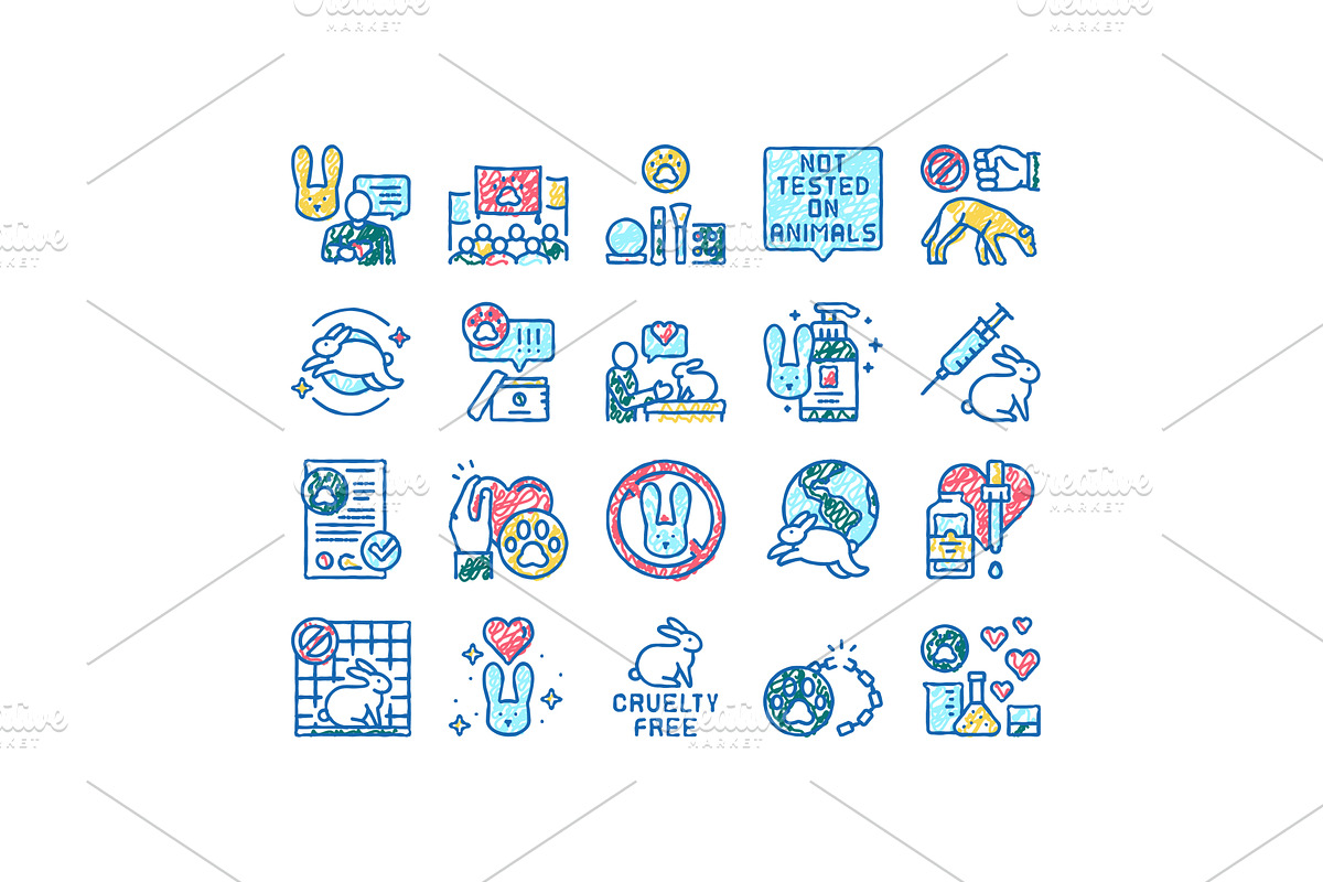 Cruelty Free Animals set Icons hand, an Object Illustration by pikepicture