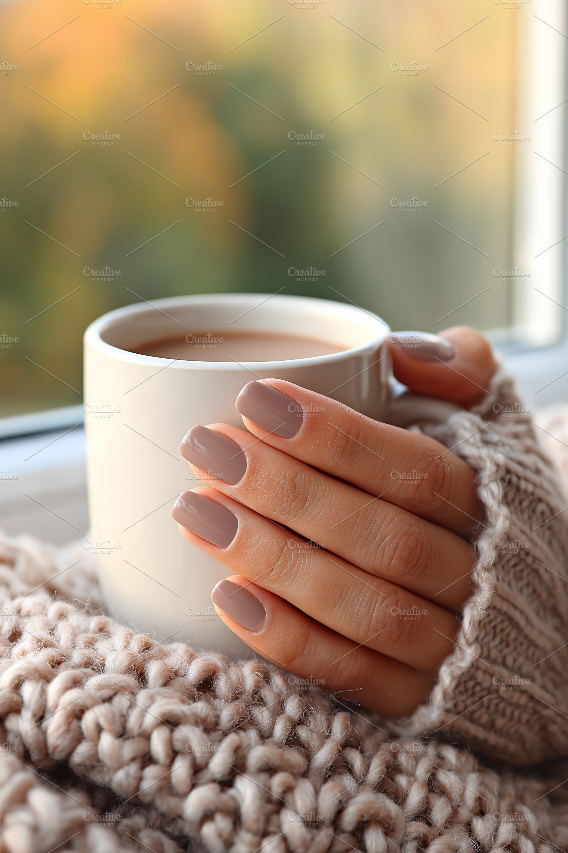 Hand holding a warm cup of beverage while wrapped in a cozy sweater by the wind, a Food & Drink Photo by AlyaAnd
