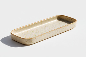 Rectangular ceramic plate in light beige color with speckled pattern for servin, a Food & Drink Photo by AlyaAnd