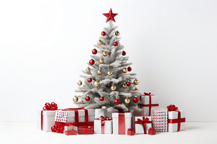 Decorated christmas fir tree with gift boxes on white background, a Holiday Photo by AlyaAnd