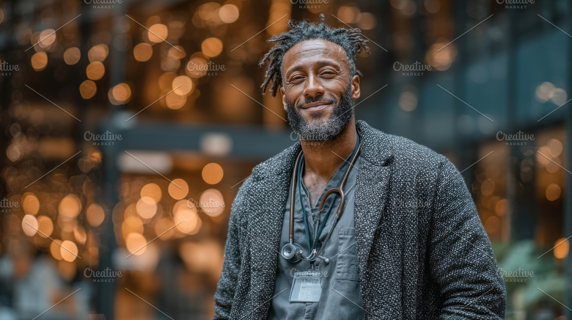 Confident male doctor smiling in modern hallway with bokeh lighting, a Health & Medical Photo by AS photostudio