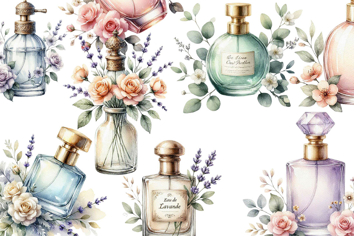 Vintage Perfume Bottles Watercolor, a Seasonal Illustration by CreationArt (Photo 8 of 8)
