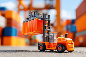 Toy forklift lifting orange container in industrial setting, an Industrial Photo by AlyaAnd