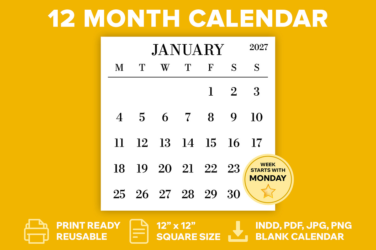 2027 Large MON-SUN 12x12 Calendar, a Stationery Template by Running With Foxes (Photo 1 of 5)