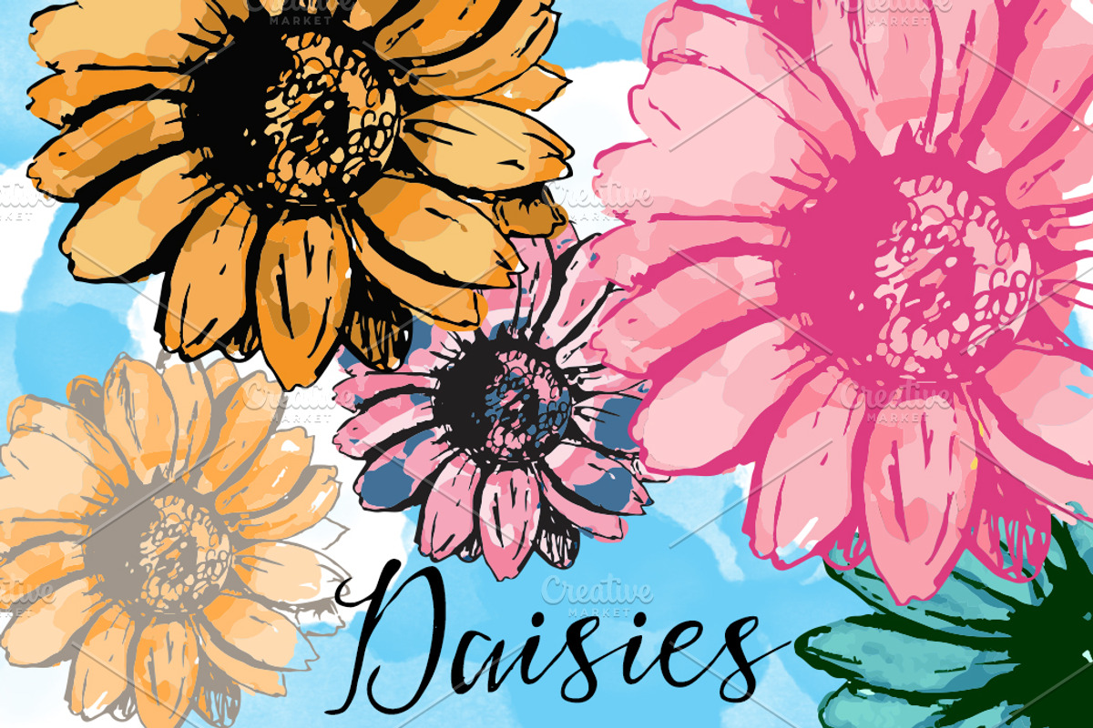 Daisies Flowers drawn watercolored, an Illustration by artinspirestudio