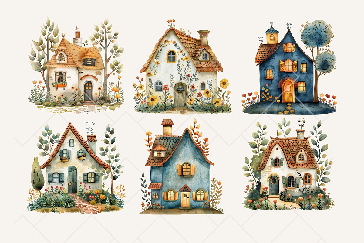 Folk Cottage Homes Clipart Set, an Object Illustration by The Twin Lakes Studio (Photo 2 of 10)
