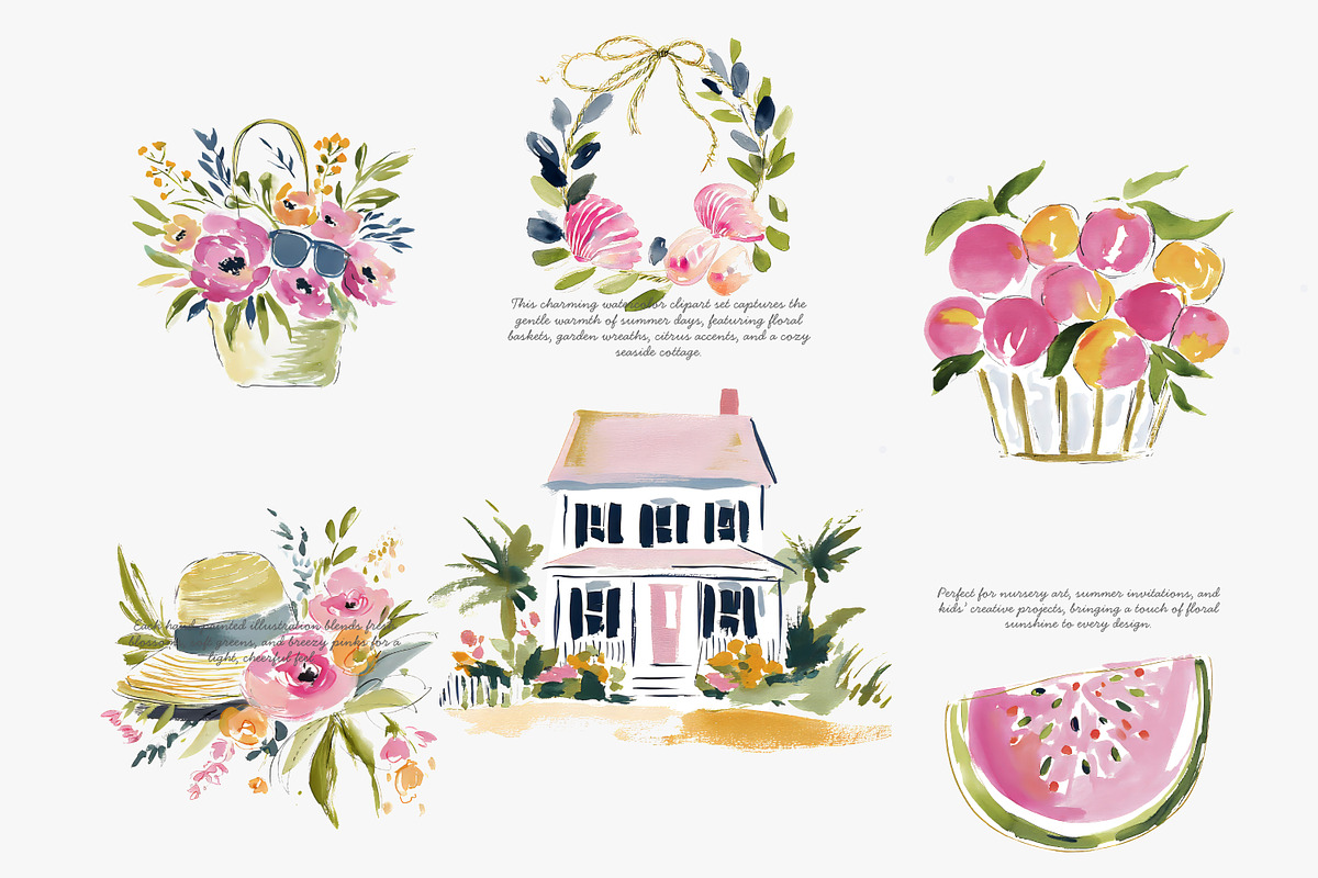Summer watercolor clipart set, a Decorative Illustration by Patishop Art (Photo 2 of 8)