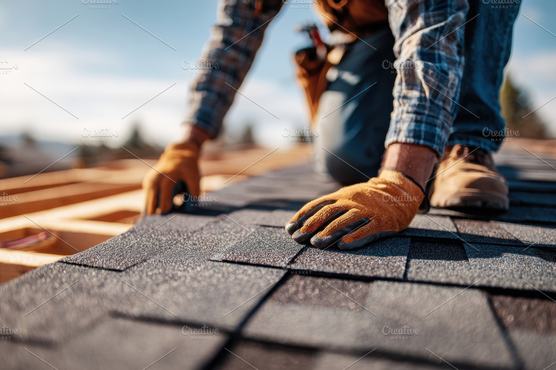 Skilled worker installs new shingles on rooftop during bright day in residentia, an Industrial Photo by AlyaAnd